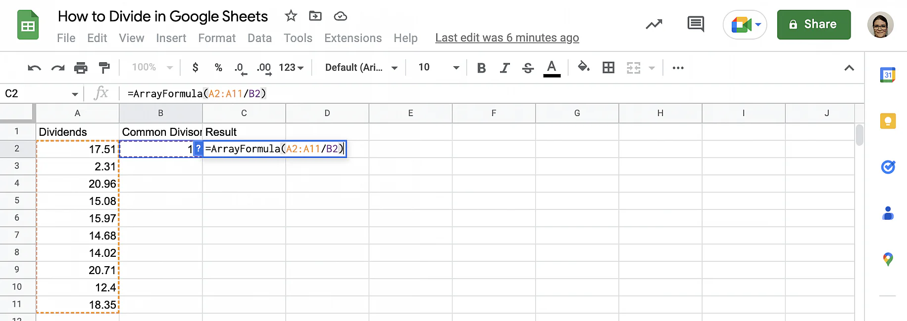 Divide numbers in Google Sheets formula