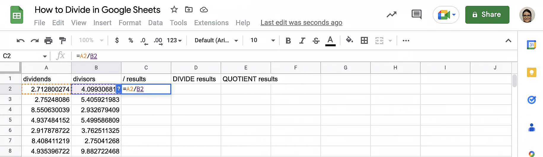 Divide ranges of cells in Google Sheets array formula