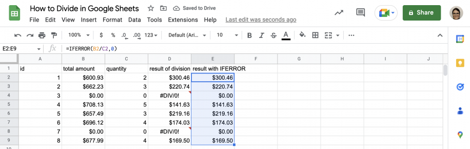 Divide numbers in Google Sheets error handling