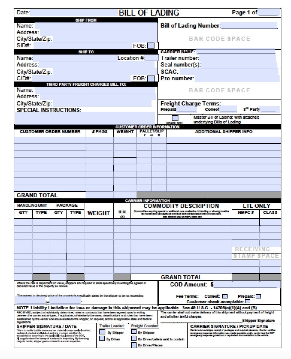 5 Essential Bill Of Lading Form Excel Templates