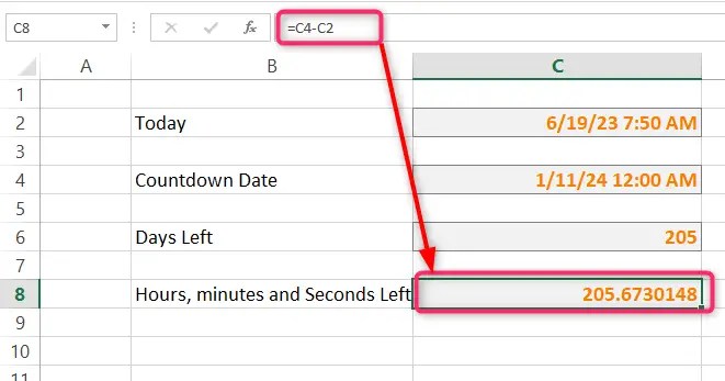 Countdown formula in Excel sample