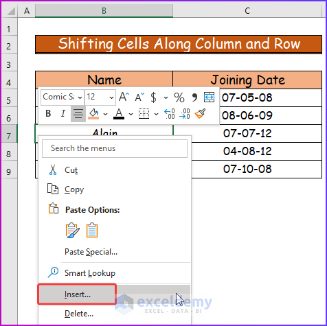 Excel shifting cells example