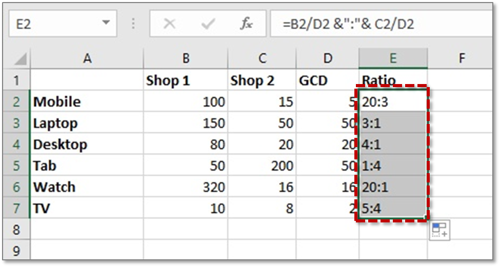 Excel ratio formula