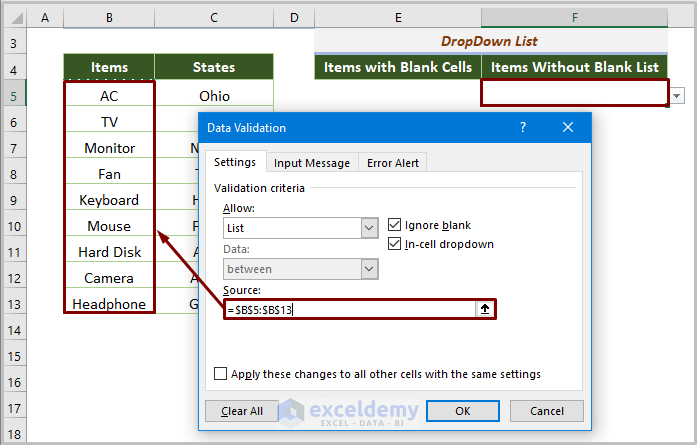 Excel if not blank dropdown