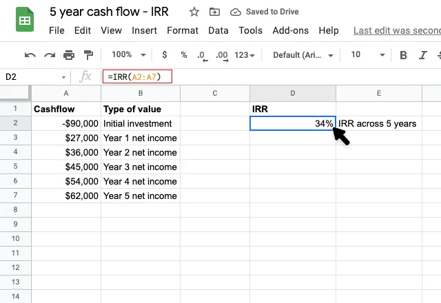 IRR Formula in Google Sheets