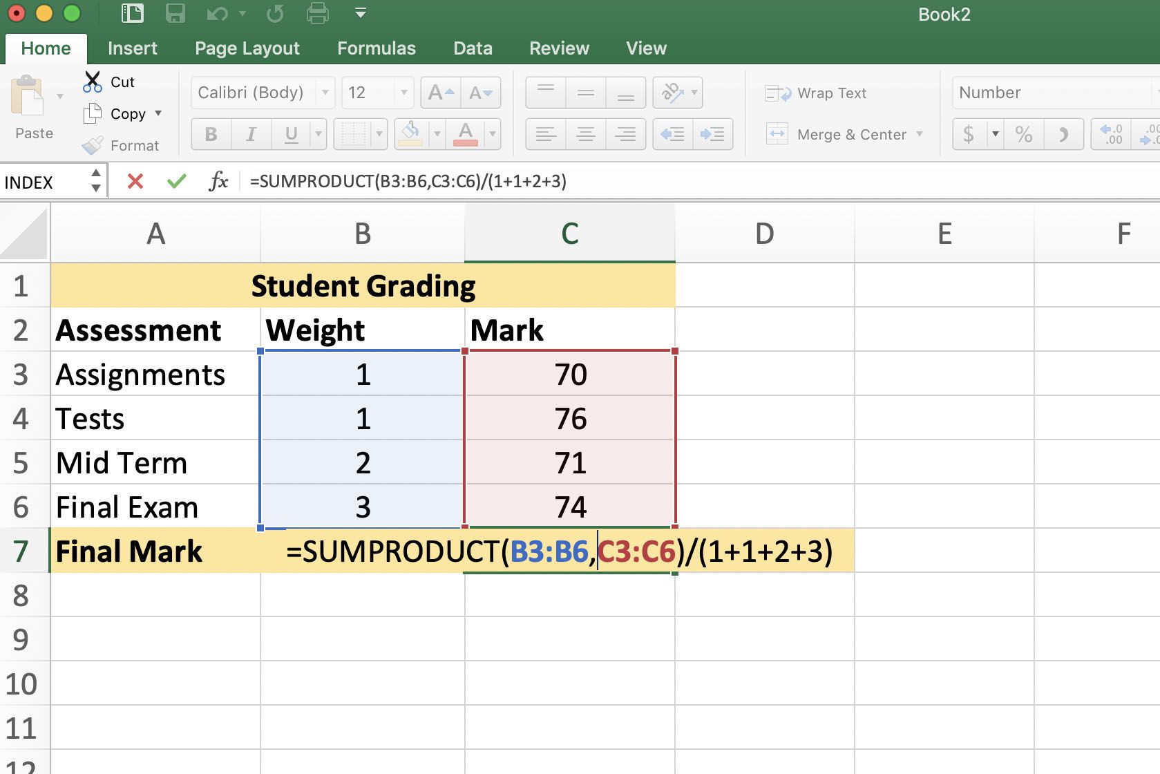 Using the AVERAGE and SUMPRODUCT functions