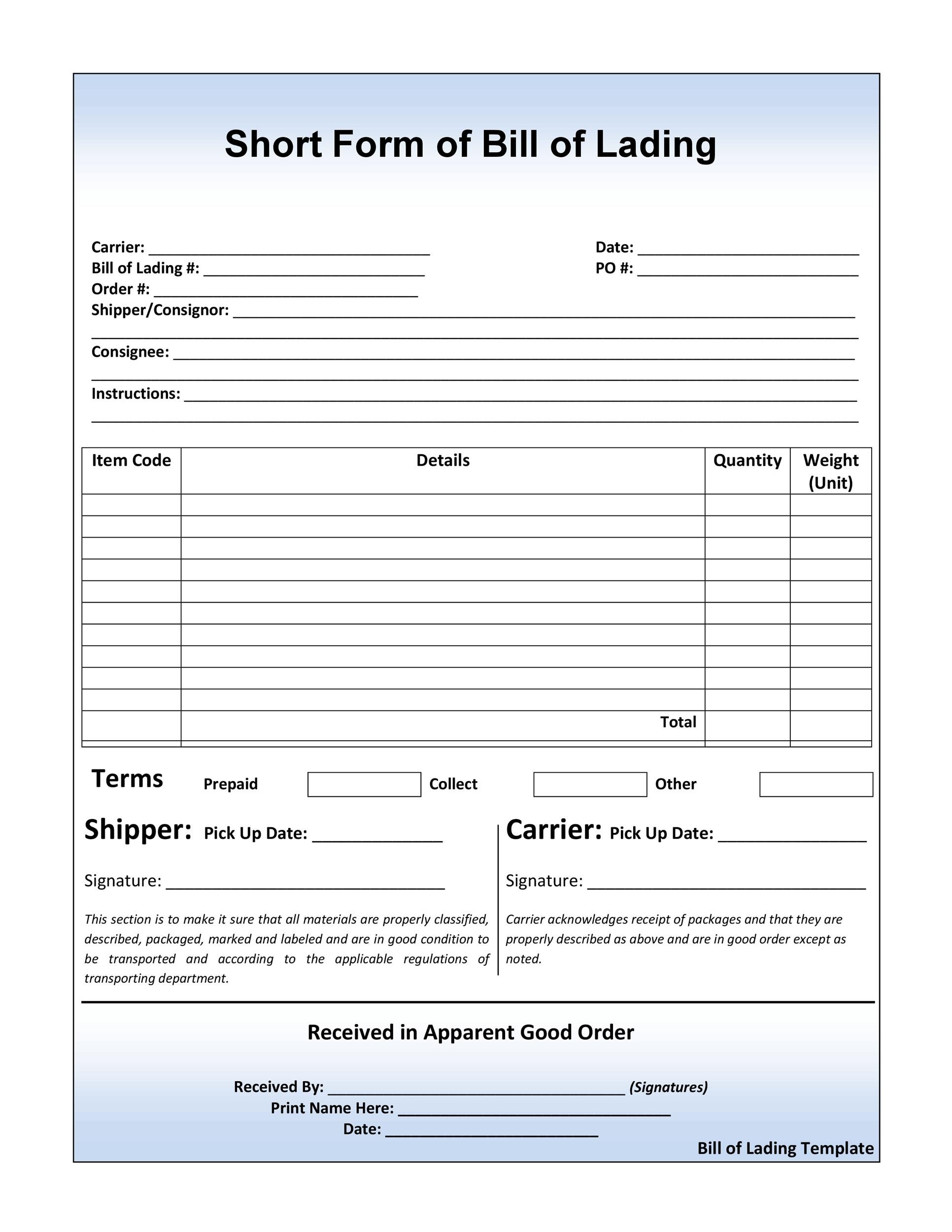 Bill of Lading Template Excel Free Download