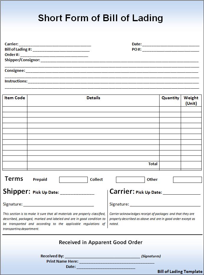 Bill of Lading Template Word