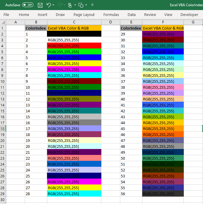 Black VBA Color Index Values