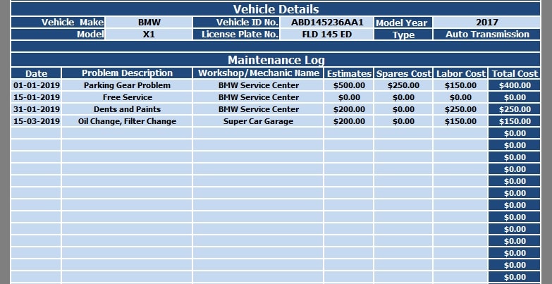 Car Maintenance Log Excel