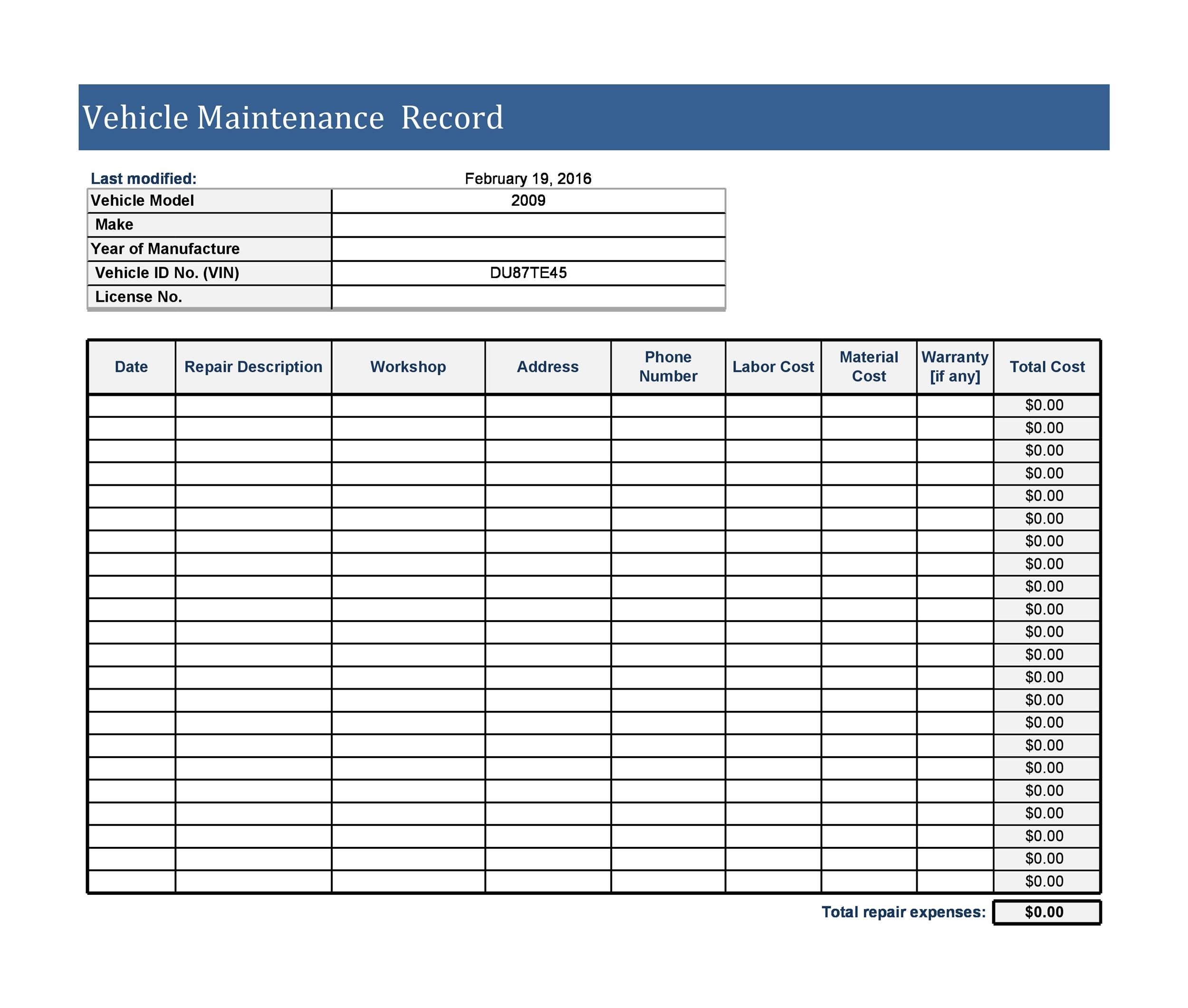 Car Maintenance Record Excel