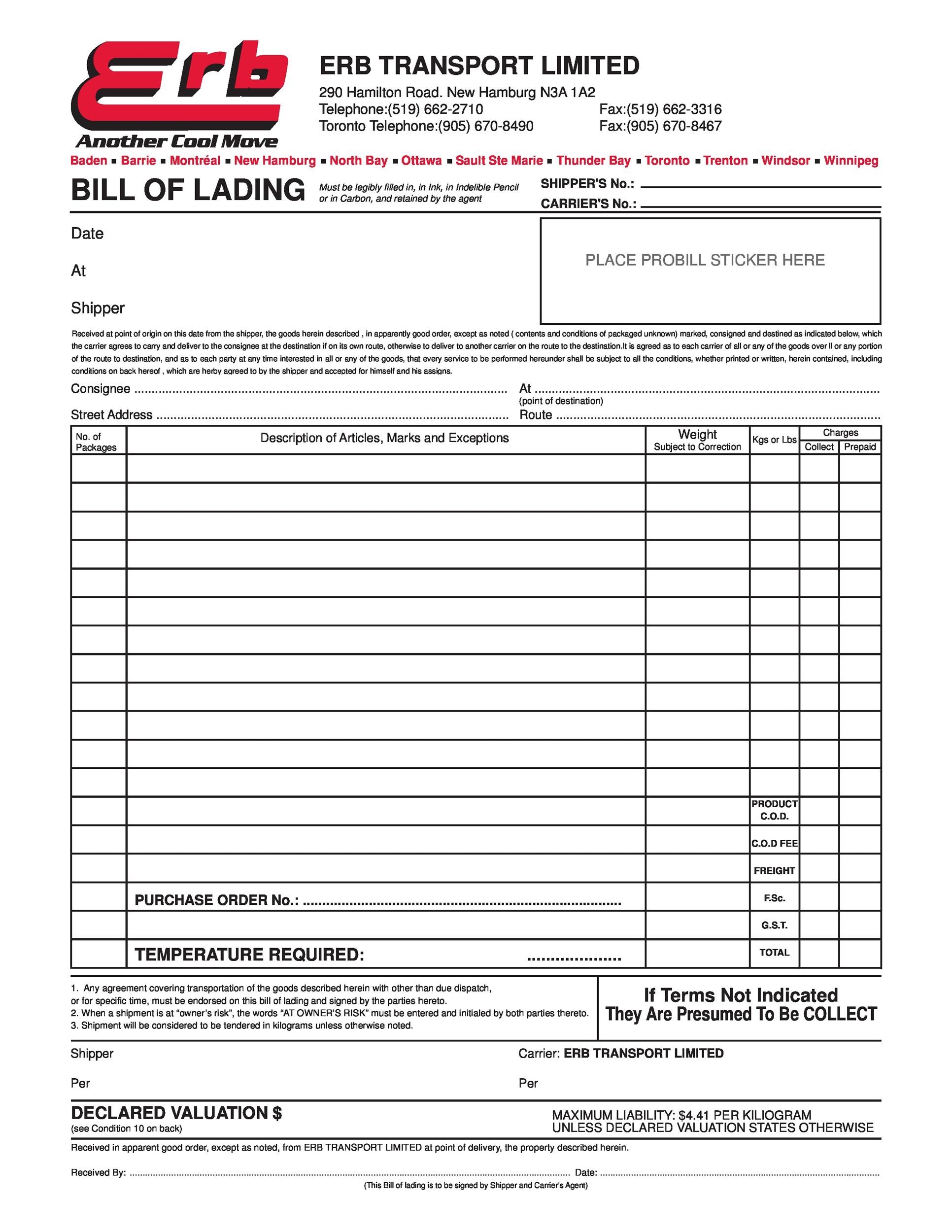 Commercial Bill of Lading Template