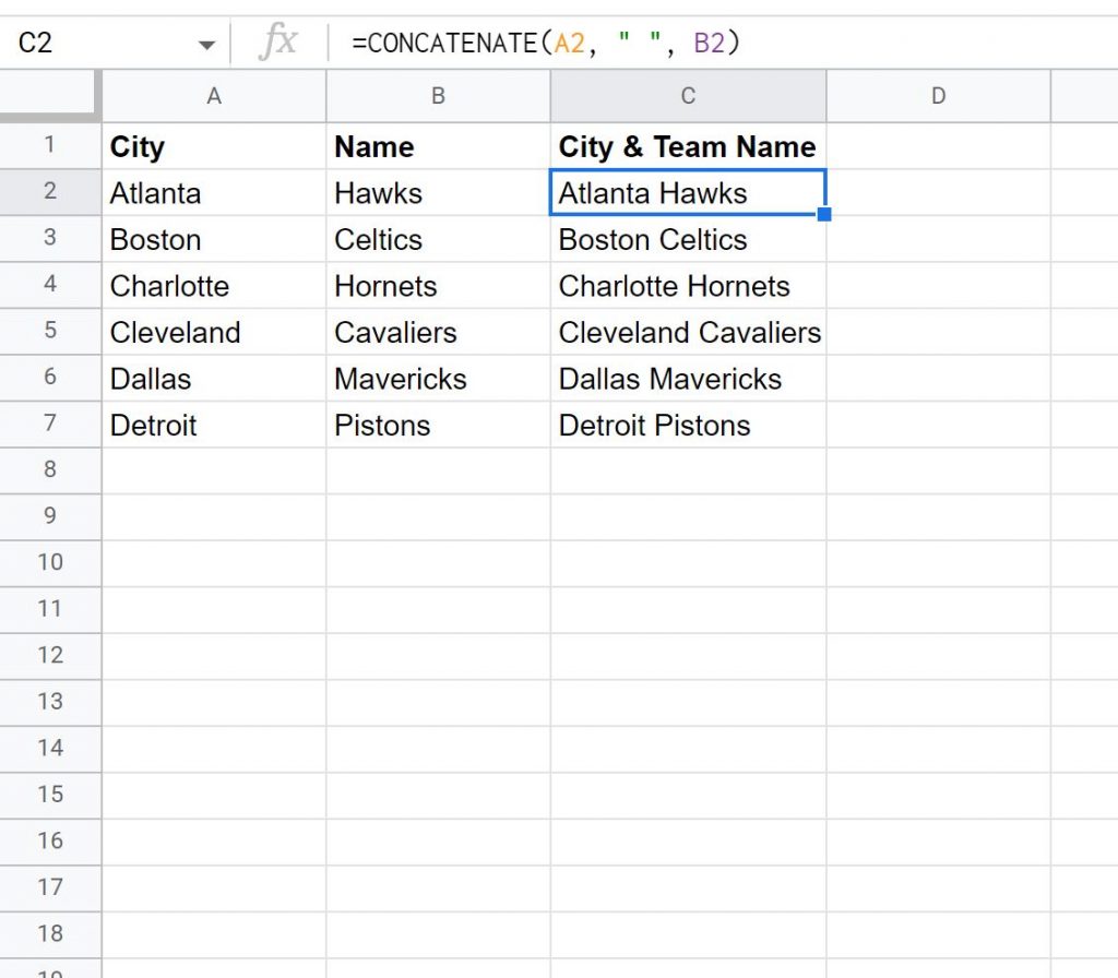 Concatenate in Google Sheets with Space Example