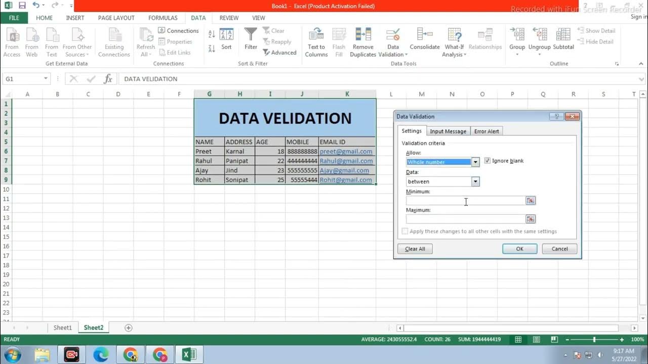 Data Validation for Whole Numbers