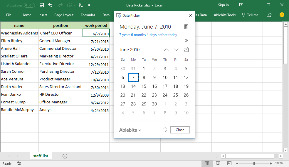 Date Picker Excel Add-in