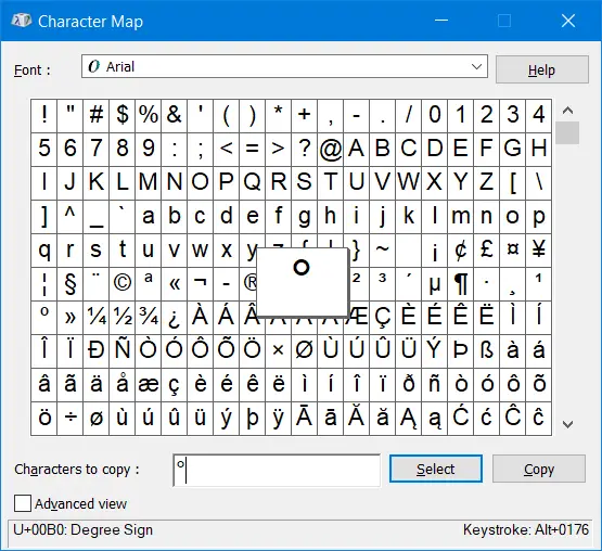 Degree Symbol Character Map