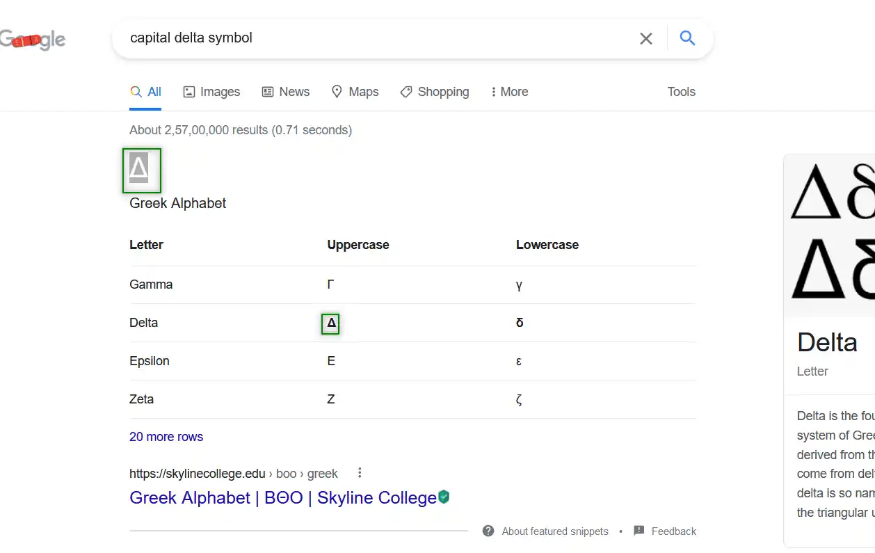 Delta Symbol In Google Sheets