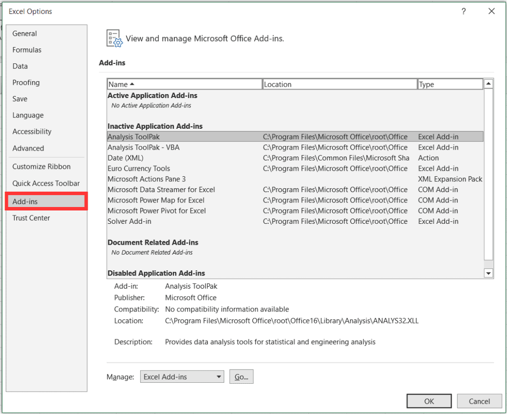 Disable Excel add-ins