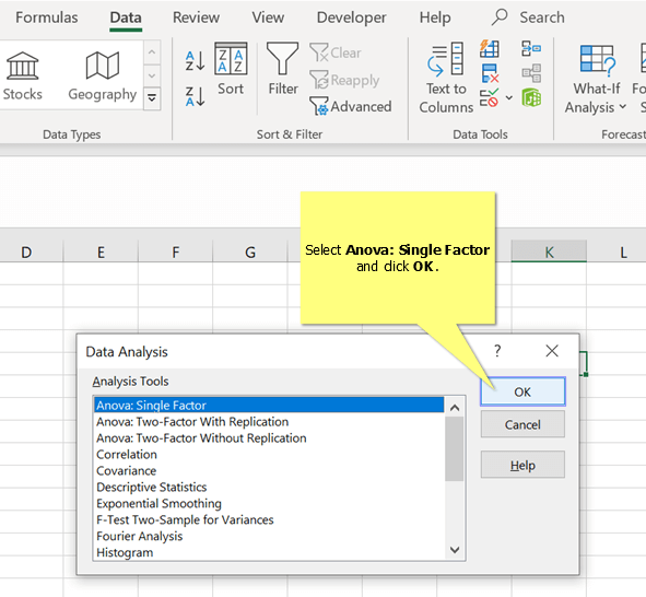 Using the ANOVA tool in Excel