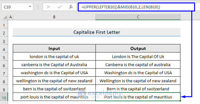 Excel capitalize first letter example