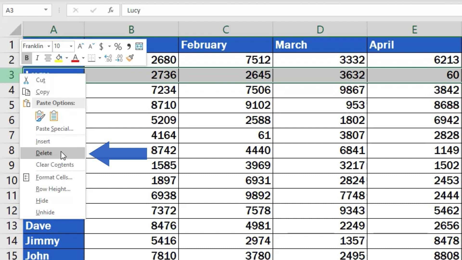 excel delete rows