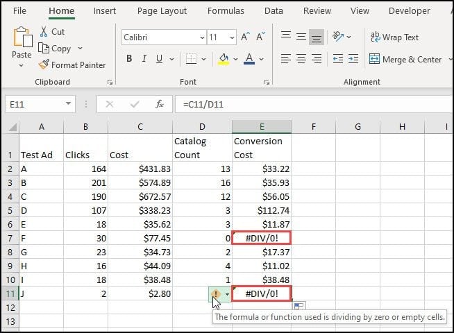 Excel divide by zero error