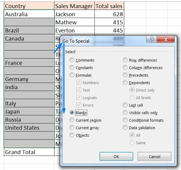 Using Go To Special to Find Blank Rows