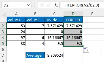 Excel IFERROR function fixes divide by zero issues