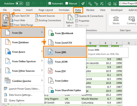 Excel import XML