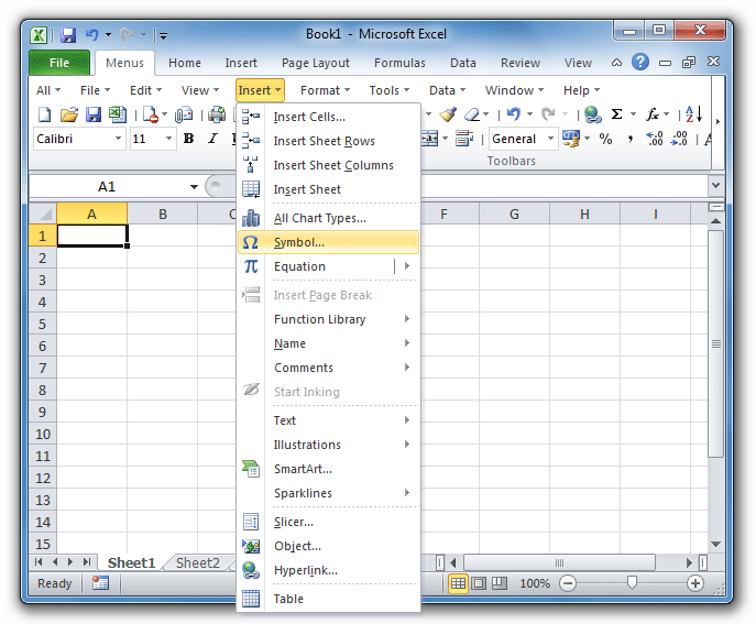 Excel insert menu