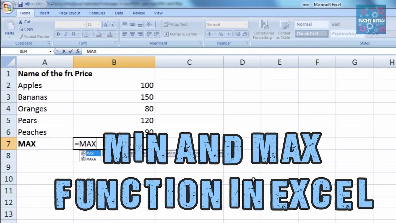 Excel MAX/MIN formula