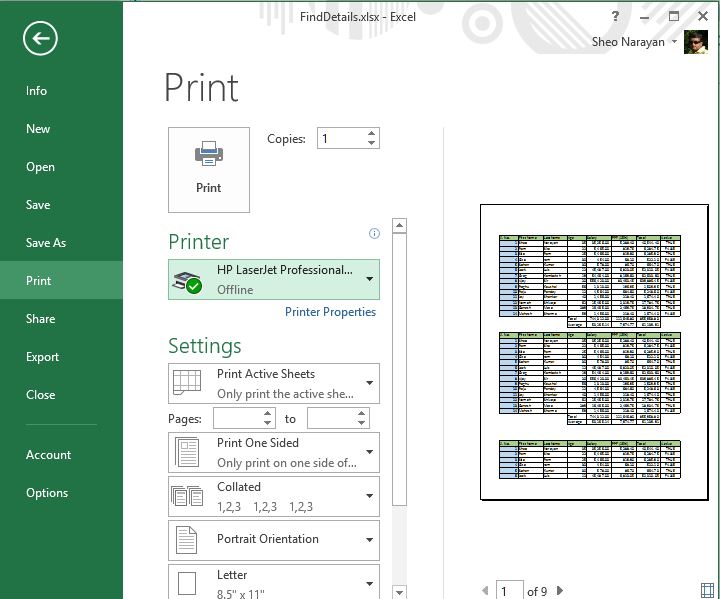 Excel printing options