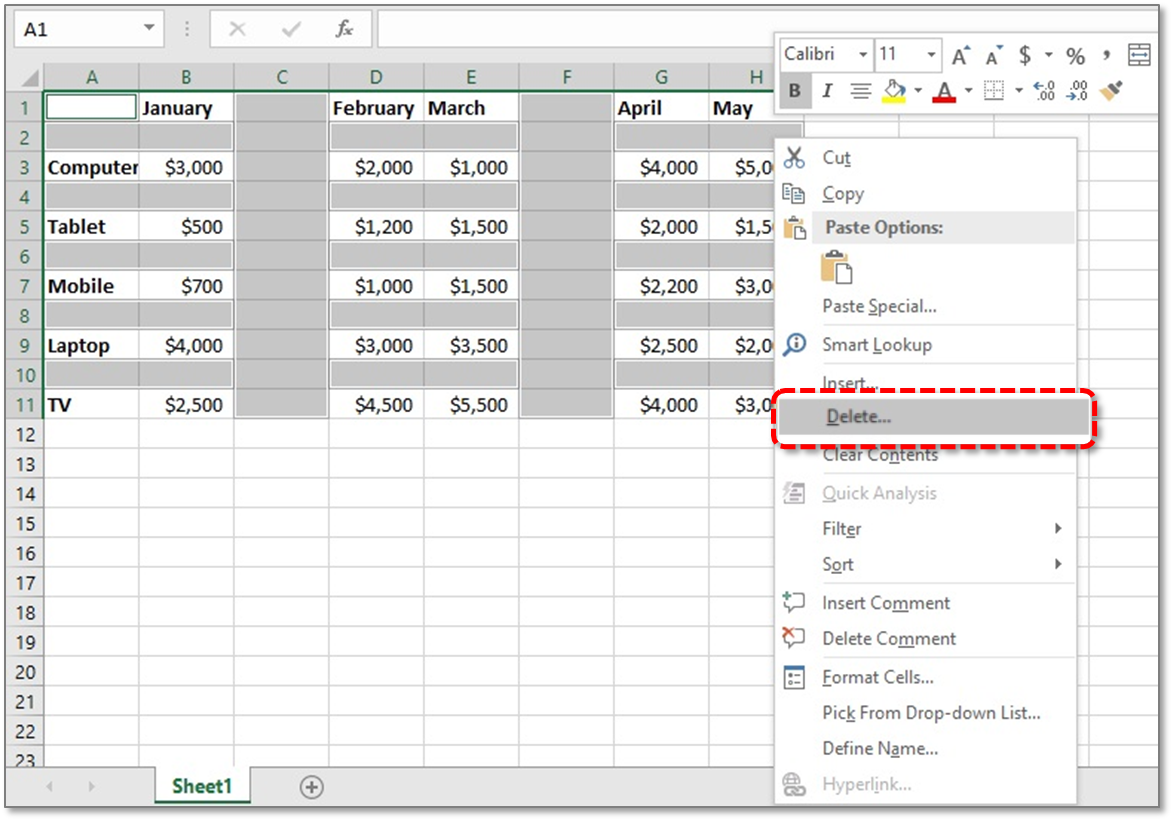 Select and Delete in Excel