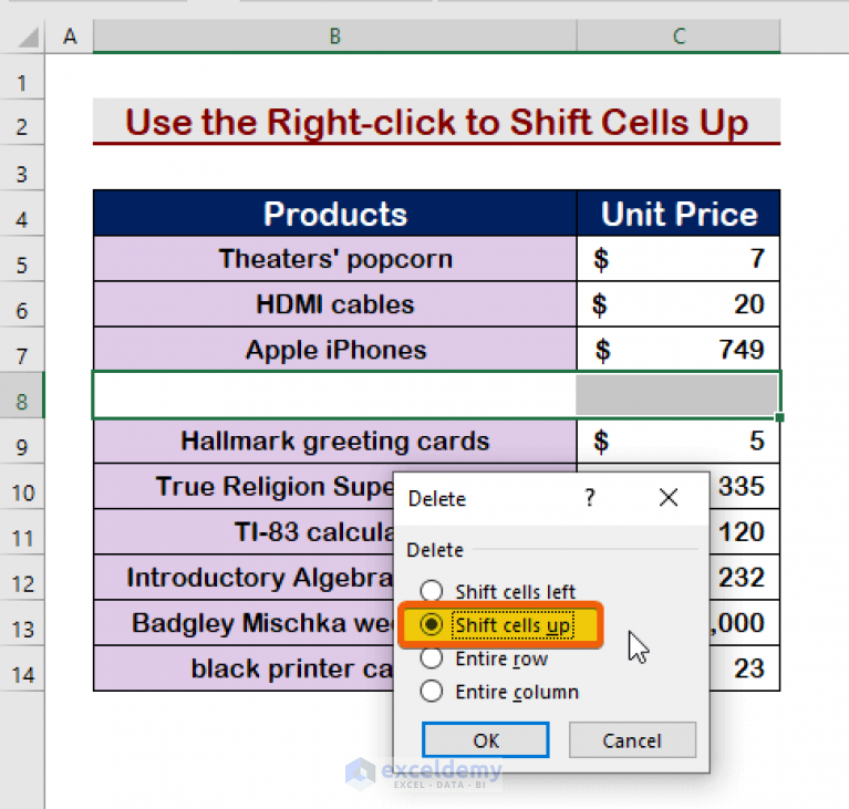 Excel shifting cells up