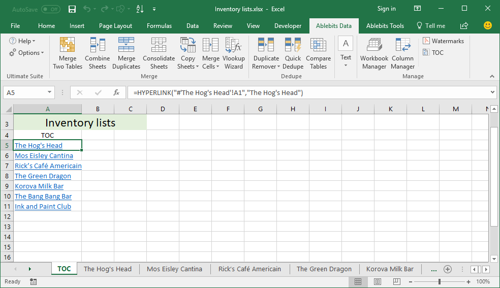 Excel Table of Contents Hyperlink