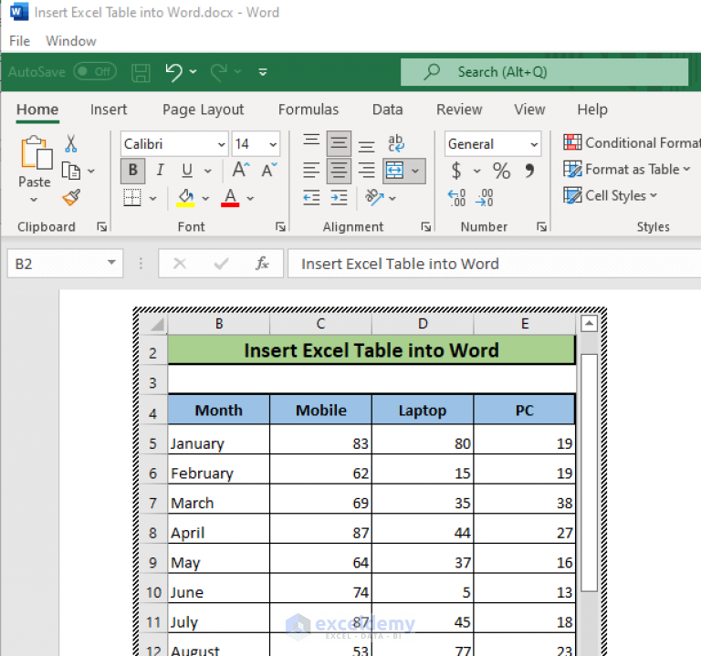 Insert Excel data as a table in Word