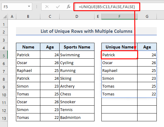 Excel Unique Rows Methods