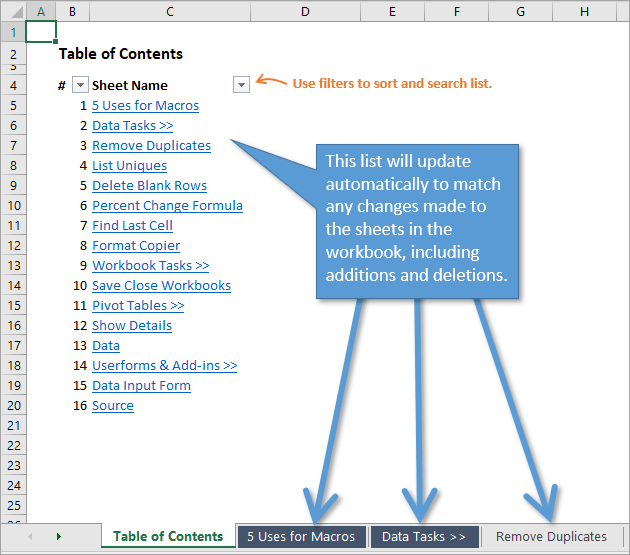 Excel Worksheet Table of Contents