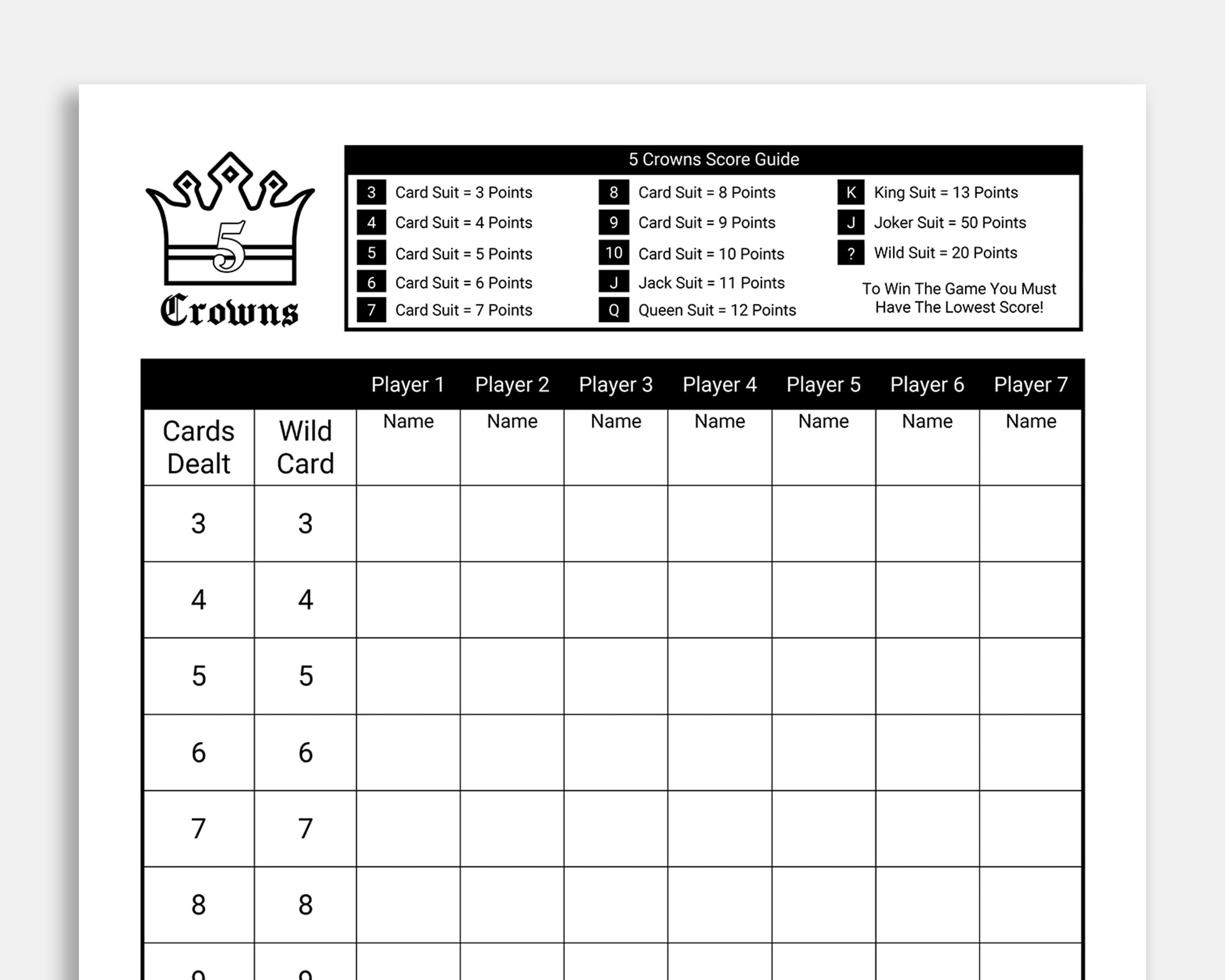 Five Crowns Card Game Score Sheet