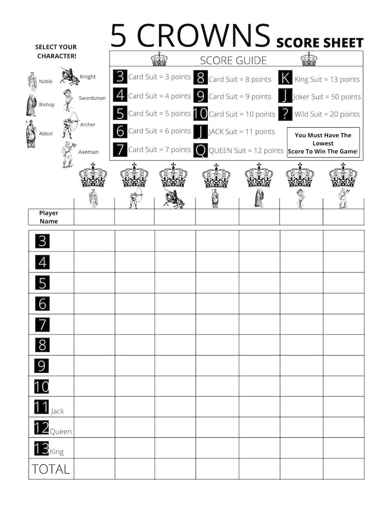 Five Crowns Score Sheet Printable