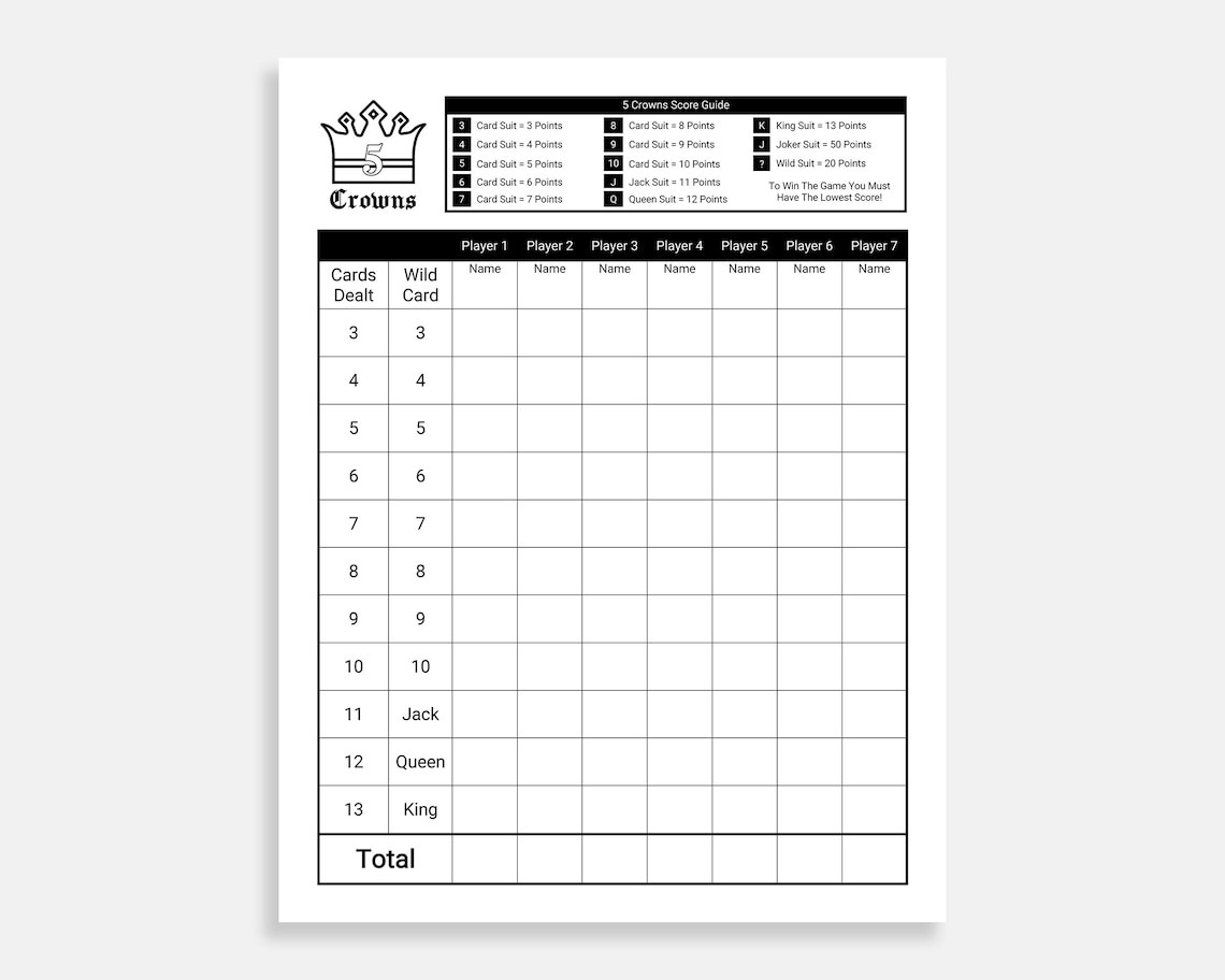 Five Crowns Score Sheet Template