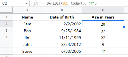 Google Sheets age calculation examples