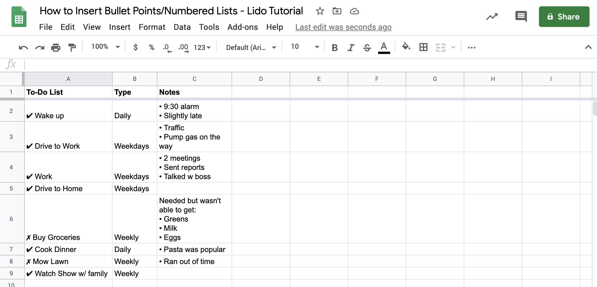 Google Sheets Bulleted Lists Formula