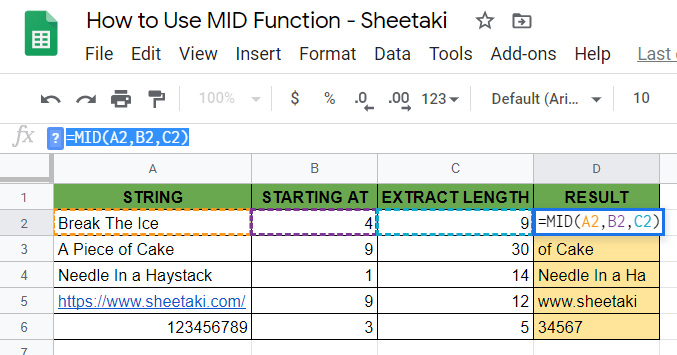 Google Sheets FIND and MID functions