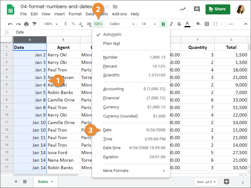 Google Sheets number format gallery