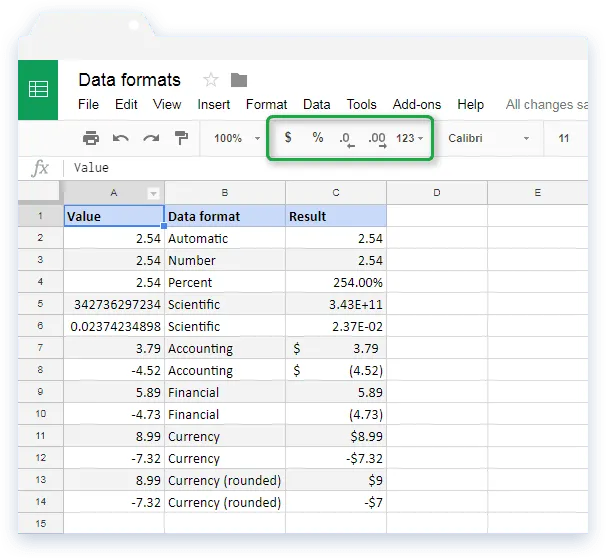 Google Sheets NUMBER format