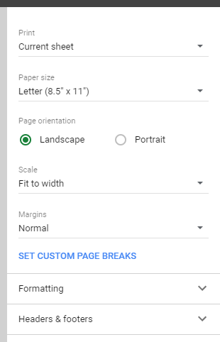 Google Sheets Print Preview Margins