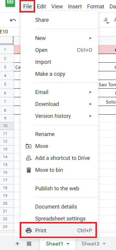 Google Sheets Print Preview