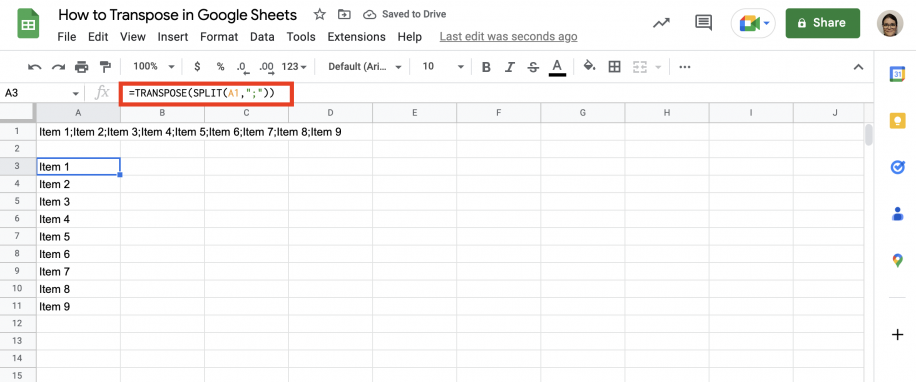 Google Sheets SPLIT and TRANSPOSE functions