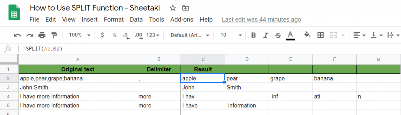 Google Sheets SPLIT function